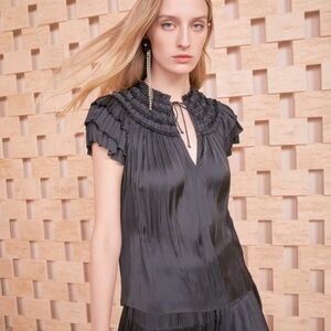 Ulla Johnson Charcoal Gray Ruffle Ruched Yoke Blouse